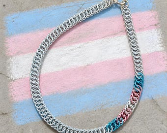 LGBTQ+ Transgender Pride  chainmail necklace, choker, or collar. Handcrafted to order