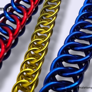 May include: Three strands of chainmail in red, yellow, and blue. The red strand is on the left, the yellow strand is in the center, and the blue strand is on the right. The text chainmail appears in the top left and chainmaletony.etsy.com is at the bottom.