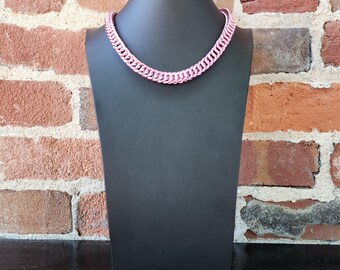 Pink Anodized Aluminum Chainmail Collar, Half Persian Weave Necklace, Custom Length O Ring Clasp