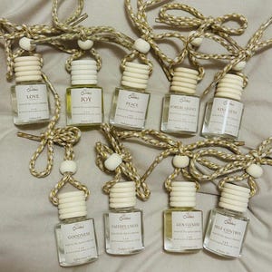 Può includere: Una collezione di piccole bottiglie di vetro trasparente con tappi bianchi ed etichette con parole come "LOVE" e "JOY". Ogni bottiglia è sospesa da un cordoncino dorato e bianco. Le bottiglie fanno parte della "Seed of The Spirit Collection".
