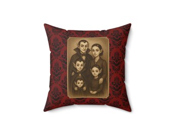 Gothic Vampire Throw Pillow Vintage Vampire Family Portrait on Red Damask