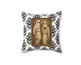 Vintage Ghost Family Throw Pillow Spooky Cute Halloween Cushion with Black and White Damask
