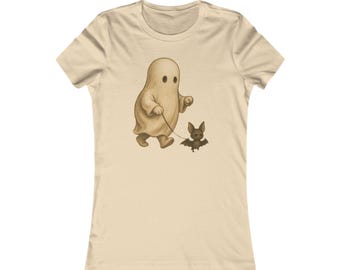 Vintage Ghost Walking Bat T-Shirt Cute Halloween Retro Womens Tee