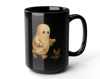 Cute Ghost and Bat Mug Spooky Halloween Coffee Cup in Black