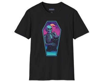 Vaporwave Skeleton Coffin Shirt Retro Goth Aesthetic Tee with Cat Neon Moon
