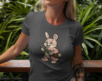 Cute Bunny with Machine Gun T-Shirt - Funny Retro Cartoon Graphic Tee