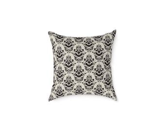 Gothic Damask Throw Pillow Haunted Mansion Inspired Black and Bone Accent Cushion
