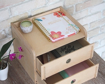 Wooden Organizer with 2 Drawers, Multi-Purpose Storage Box for Office, Makeup, or Cabinet Use