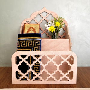 Wooden Quran Stand and Prayer Organizer , Holds Prayer Rug, Tasbih and Books , Islamic Gift & Decor