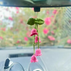Crochet Lily of the Valley Car Charm, Floral Rearview Mirror Decoration, Women Pink Car Accessories