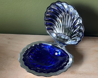 Vintage Silver Plated Clamshell Dish, Cobalt Blue Glass Insert, MCM Vanity Tray