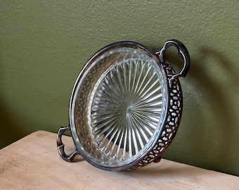 Vintage Silverplate Gallery Butter Dish with Glass Insert, Mid Century Pierced Footed Candy Bowl, Starburst Cut Glass Catchall Tray