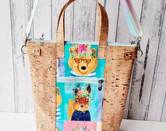 Floral animals crossbody bag with cork accents