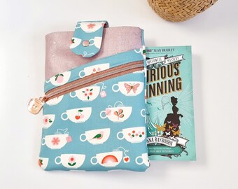 Book sleeve. Gift for readers. Travel with books. Book pocket. Book cover. Book sleeve with pockets. Tea cups. Gift for tea drinker.