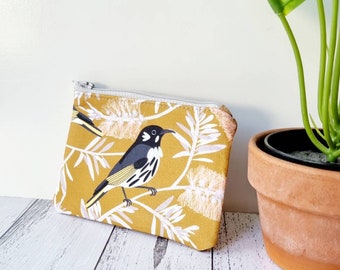 Native Australian bird coin purse. Zipper pouch. Small purse. Floral purse.