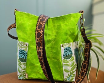 Lime green waxed canvas crossbody bag. Hobo shoulder bag. Made in Australia. Compass Bag. Tote bag. Spring. Australian native plants.