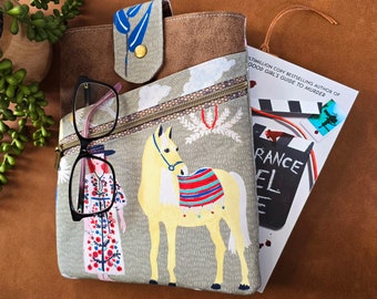 Book sleeve. Gift for readers. Travel with books. Book cover. Book sleeve with pockets. Folk art. Bookish gift. Horse art.