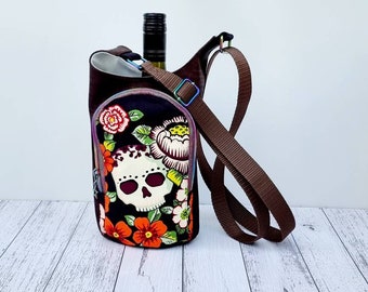 Bottle holder- water, wine, thermos, personal blender. Skulls & flowers. Crossbody bag. Hiking bag. Sling bag.