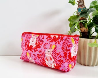 Rabbits pencil case. Cosmetic pouch. Toiletry bag. Make up purse. Zipper storage bag. Easter gift. Bunnies. Pink purse.