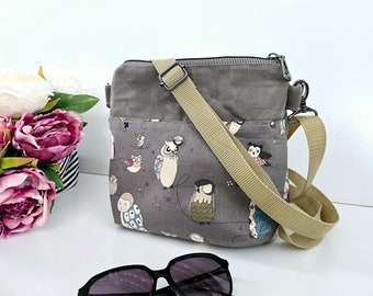 Owls on grey crossbody bag. Handmade in Tasmania.