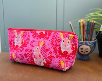 Rabbits pencil case. Cosmetic pouch. Toiletry bag. Make up purse. Zipper storage bag. Easter gift. Bunnies. Pink purse.