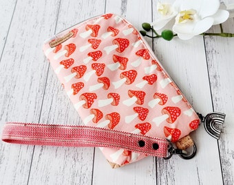 Womens clutch purse. Mushrooms. Pink fungi. Wristlet pouch. Cork wristlet.