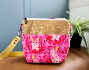 Bunnies pink shoulder bag. Cork bag with rabbits in bright pink.