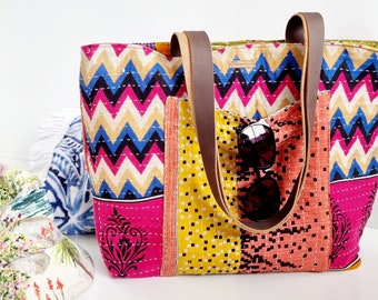 Kantha tote bag. Made from a vintage Indian kantha throw. Beach Bag. Tote bag. Summer tote bag. Shopping tote. Hippy shoulder bag.