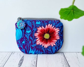 Bright flowers coin purse. Zipper pouch. Small purse. Waxed canvas purse.