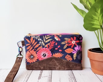 Womens clutch purse. Cotton & brown waxed canvas purse. Moths, spiders and flowers.