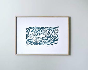 Originale Linoldrucke, türkise abstrakte Blumen, handgedruckt, Linolschnitt, Wandkunst, Wanddeko, A4 Poster, Reliefdruck