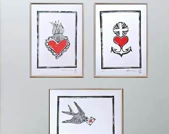 3er Set, bundle, Originale Linoldrucke, 3 Stck, Kreuz, Anker, Herz,Schwalbe, Kunstdruck, Linoldruck, holz- linolschnitt, Linolschnitt