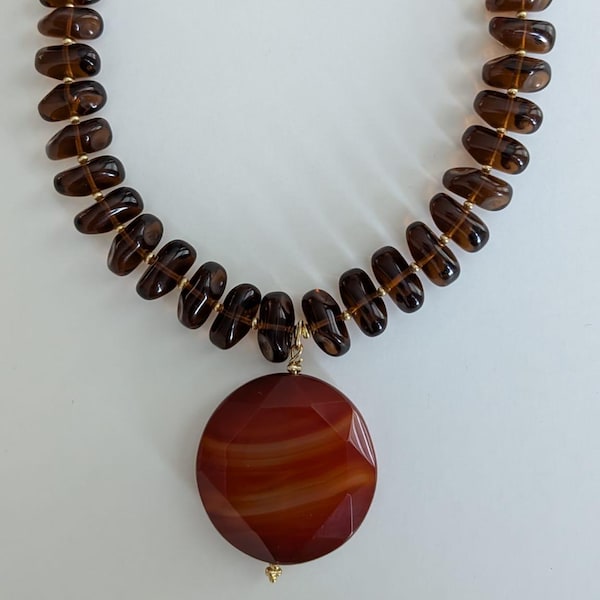 Statement Necklace Beaded Necklace, Chunky Topaz Jewelry for Women, Large Red Agate Gem Pendant, Bold Boho Gift, Vacation Summer Choker