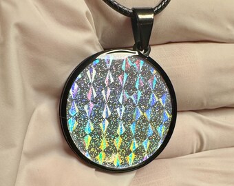 Holographic Prism Pendant: Iridescent Silver, Black Bezel