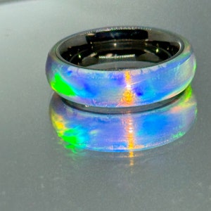 Synthetic Opal Band Ring: Stainless Steel Aurora Borealis Ring, Size 7.5