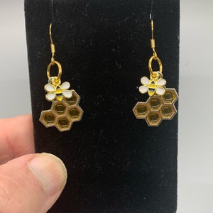 Honeycomb Resin Earrings With Honey Bee Dangle Charm