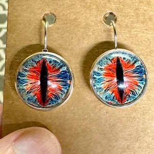 May include: A pair of silver dangle earrings with red, blue, and black eye designs. The earrings are on a brown background.