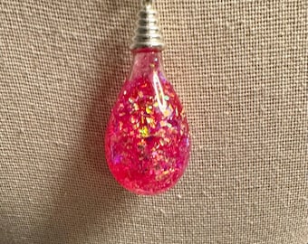 Pink Mylar glitter filled Teardrop Pendant with metal silver top