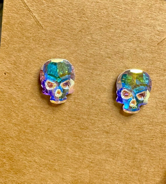 Austrian Crystal Skull Earrings: Rainbow Aurora Borealis, Sci-Fi Jewelry