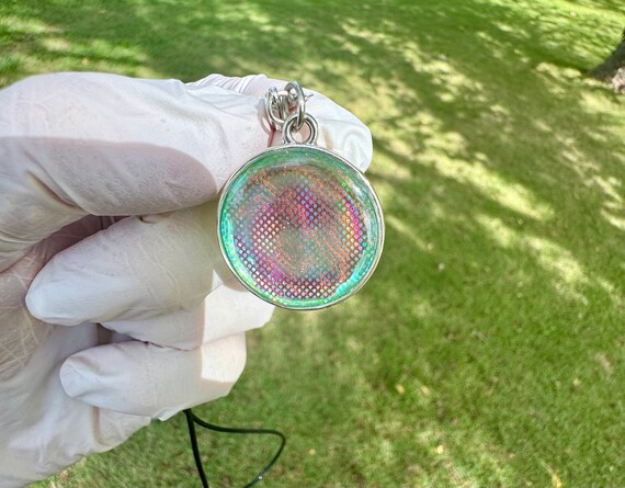 Holographic Pendant Rainbow Disc Pendant With Aurora Green Swirl Back. Holographic Pendant rainbow Pendant Etsy