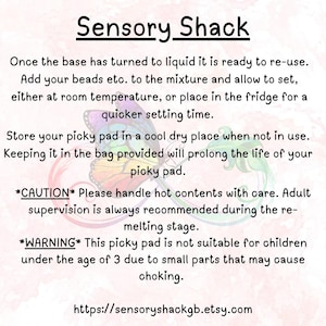 May include: A white background with the text "Sensory Shack" in black. Instructions are provided for using a product, including warnings about hot contents and small parts. A website address is also included.
