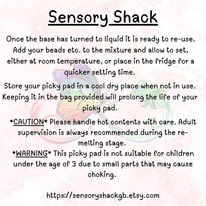 May include: A white background with the text "Sensory Shack" in black. Instructions are provided for using a product, including warnings about hot contents and small parts. A website address is also included.