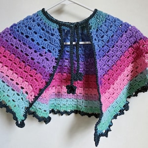 Crochet Fairycore Capelet - Rainbow Gradient Shoulder Wrap with Scalloped Hem - Handmade Fantasy Clothing
