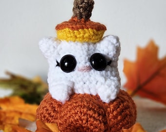 May include: A handmade crochet cat figurine with large black eyes, a pink nose, and a small hat. The cat is sitting on an orange pumpkin. The hat is yellow and orange. The background includes orange autumn leaves.