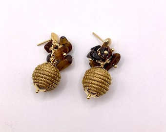 Golden Grass Tiger Eye Stone Earrings | Handmade Brazilian Jewelry | Lightweight Eco-Friendly Earrings