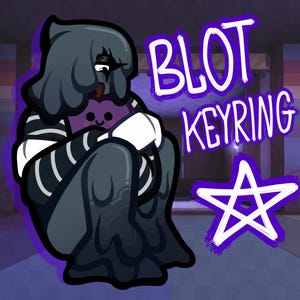 May include: A graphic illustration of a dark-haired character with striped sleeves holding a small purple creature, accompanied by the text BLOT KEYRING and a white star outline. The character has a dark, flowing lower body and white gloves.