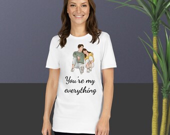 Customized couple's Tshirt, unisex white. Personalized text and a colorful love figures. Perfect unique gift for Valentines Day or events
