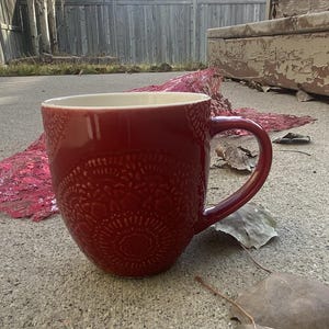 Red Floral Embossed Ceramic Mug 12oz Textured Stoneware: Botanical Ruby Kitchen Decor