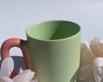 Sage Green Color Block Mug Pink Chubby Handle 12.5oz Modern Porcelain Coffee Cup