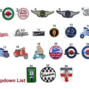 May include: A collection of 26 embroidered patches featuring Vespa scooters and logos. Designs include scooters with flames, wings, and various logo styles. Patches are in various colors, including blue, red, and black.